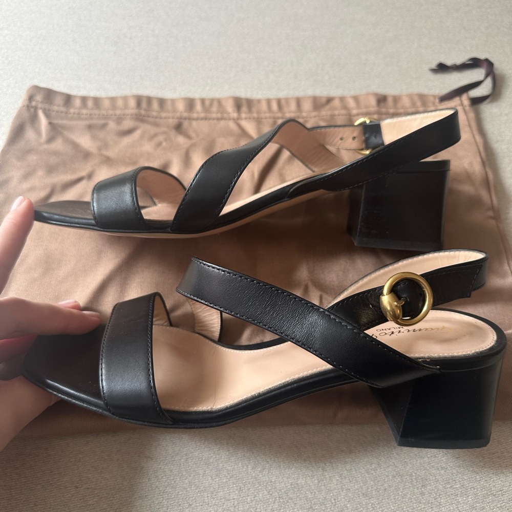 Gianvito Rossi Black Leather Open Toe Block Heel Slingback Sandals